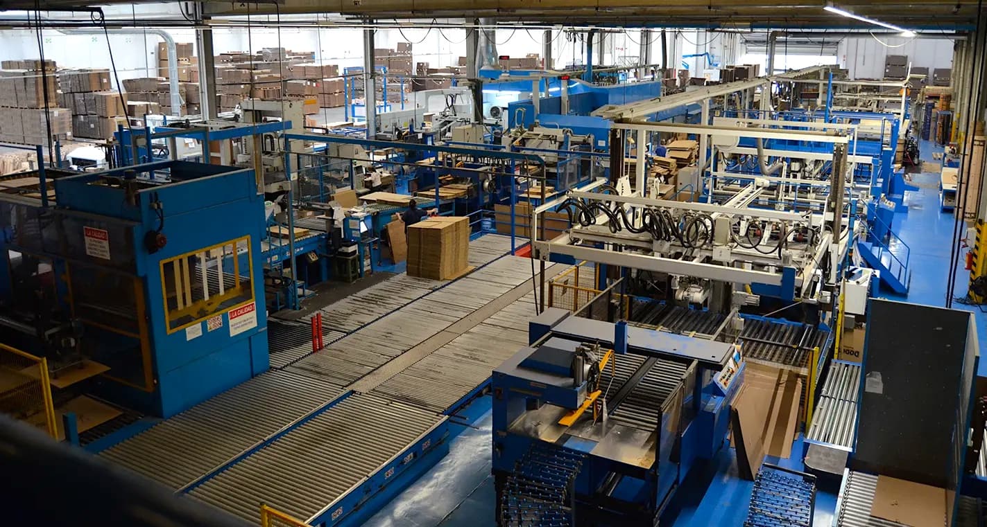 La nave de cartonaje, con la maquinaria pintada de azul corporativo y las líneas de transportadores de rodillos