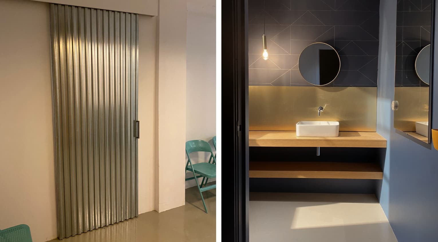 Dos detalles de la reforma: la puerta plegable de chapa y un baño con azulejo negro, aplacado de latón y lavabo sobre madera
