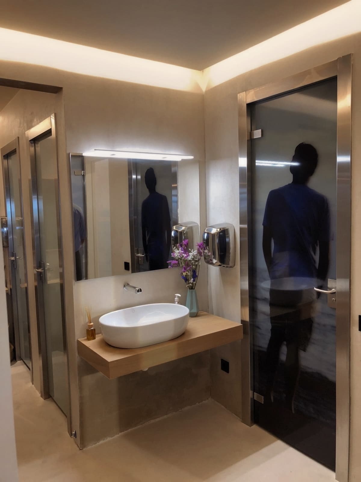 Los baños acabados en microcemento, con el lavabo sobre encimera de madera y las puertas de vidrio